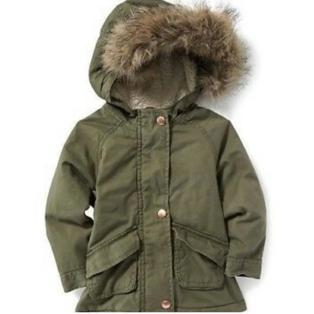 Warm Hooded Winter Coat Fur Trim Hood Jacket Old Navy Olive Khaki Green Size 4T